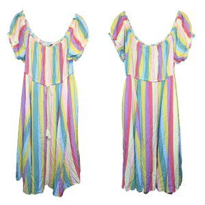 Torrid 3 Midi Challis Off Shoulder Dress Rainbow Striped Size 3X Rayon Festival